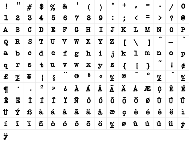 TypeWriterBoldConde Regular  glyph index