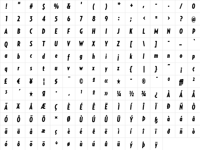 RelayComp-BlackItalic Regular  glyph index