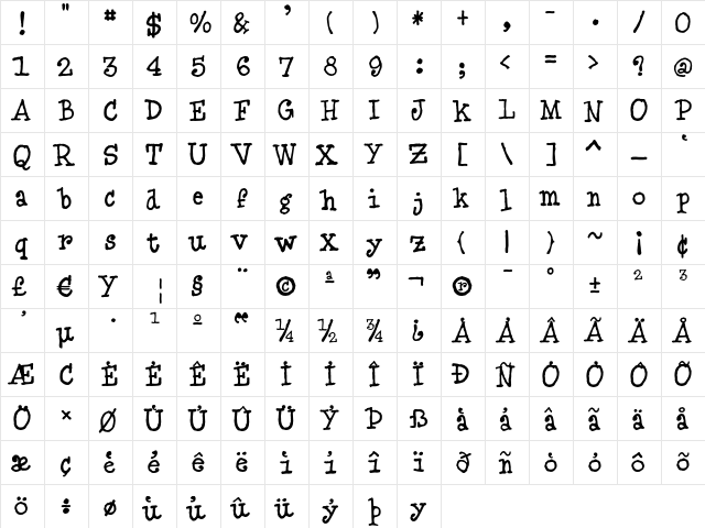 BlueType Regular  glyph index