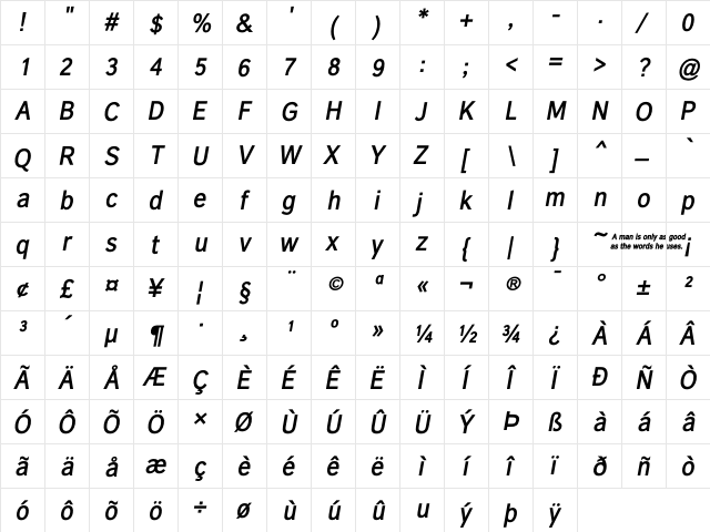 Carnova SemiBold Oblique Regular  glyph index