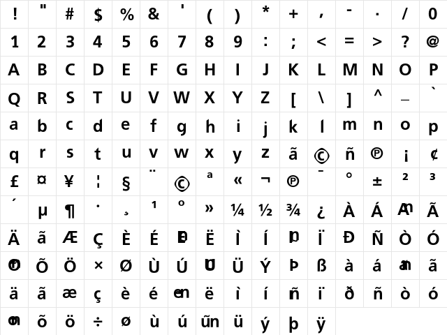 FreewayDemi Regular  glyph index
