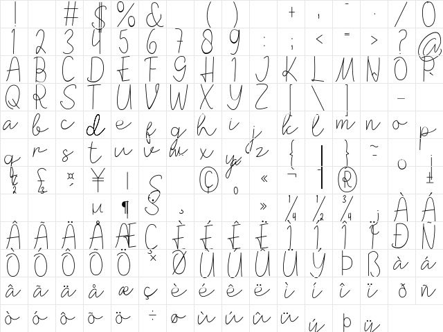 Zinnya Regular  glyph index