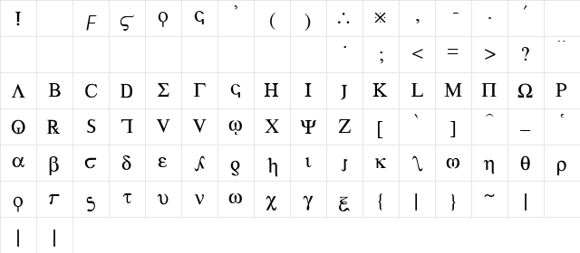 Greek Regular  glyph index