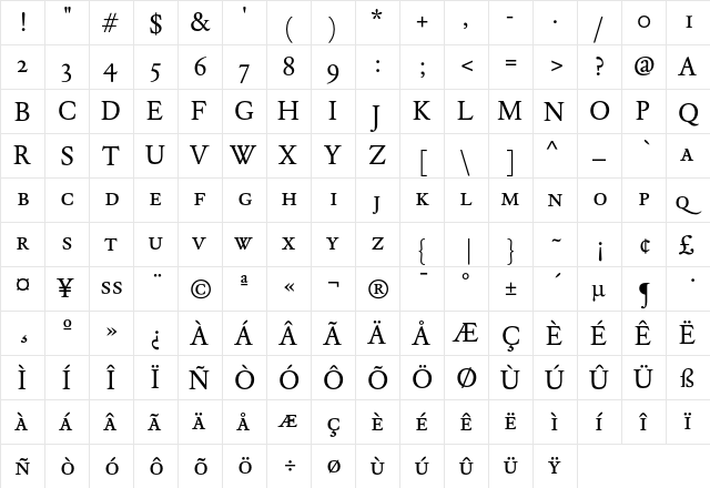 DTL Elzevir T Caps Book  glyph index