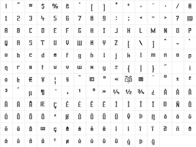Prussian Brew Upper Regular  glyph index