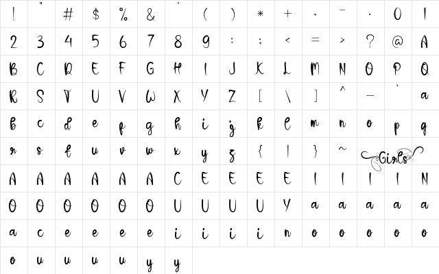 Girls Regular  glyph index