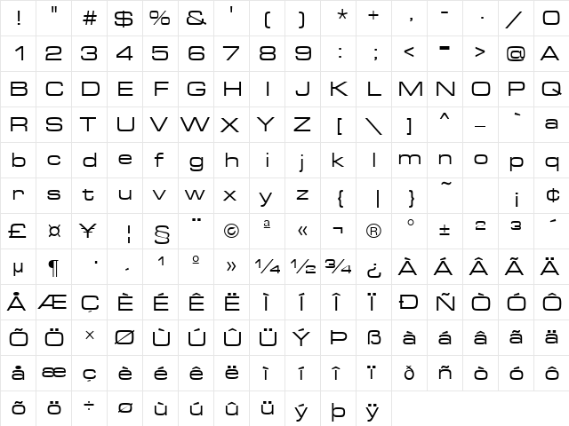 Eurostile Extended Regular  glyph index