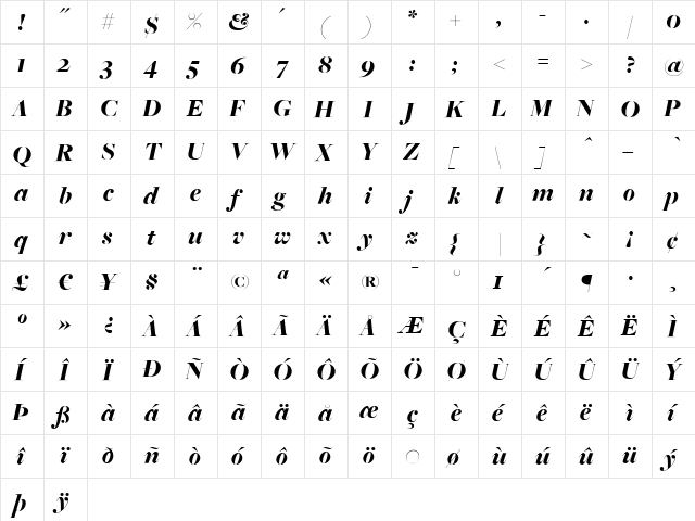 FreightBigBlackItalic Regular  glyph index