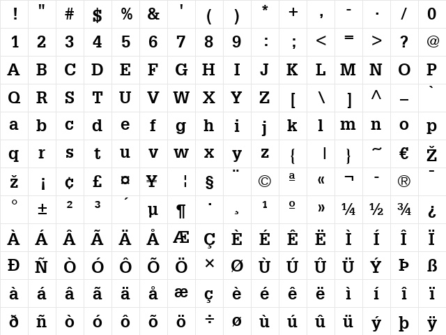 Glypha LT Bold  glyph index