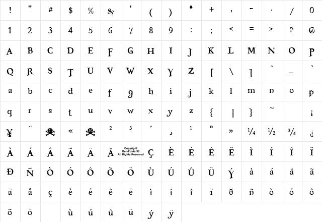 Freebooter Regular  glyph index