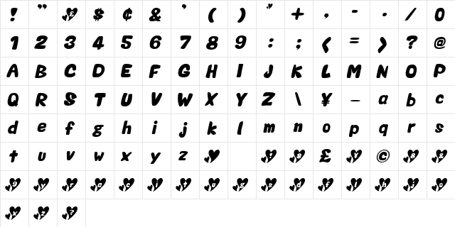 Valentine Oblique  glyph index