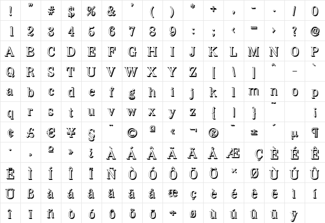 WichitaShadow Regular  glyph index