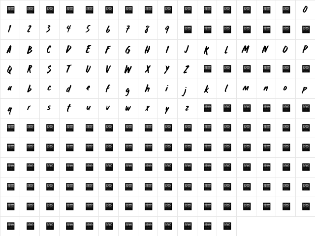 Wreck Shop - Demo Regular  glyph index
