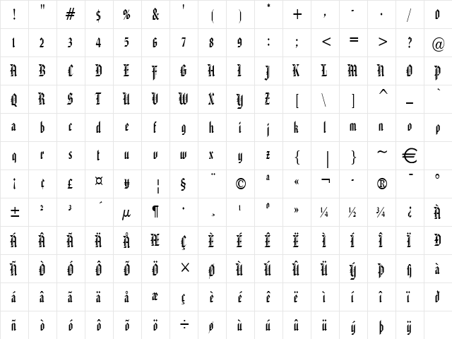 Gothic32Condensed Normal  glyph index