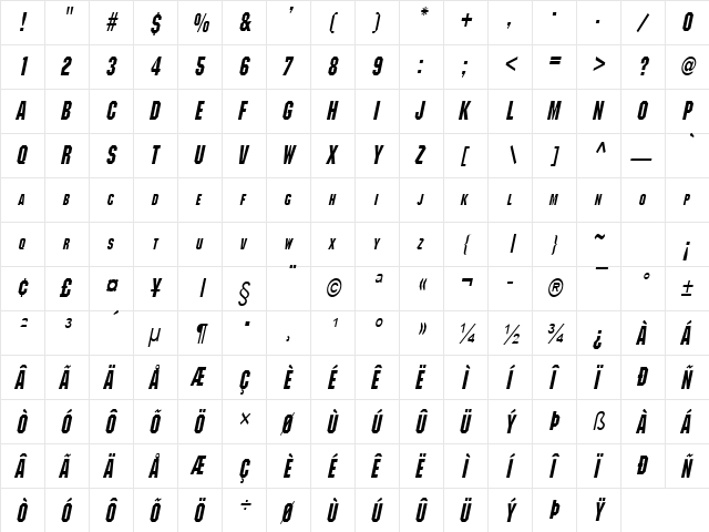 Block Condensed BoldItalic  glyph index