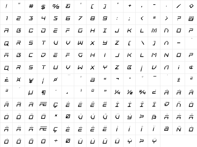 Tempest Apache Halftone Italic Italic  glyph index