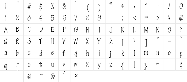 TinkerToyCondensed Regular  glyph index