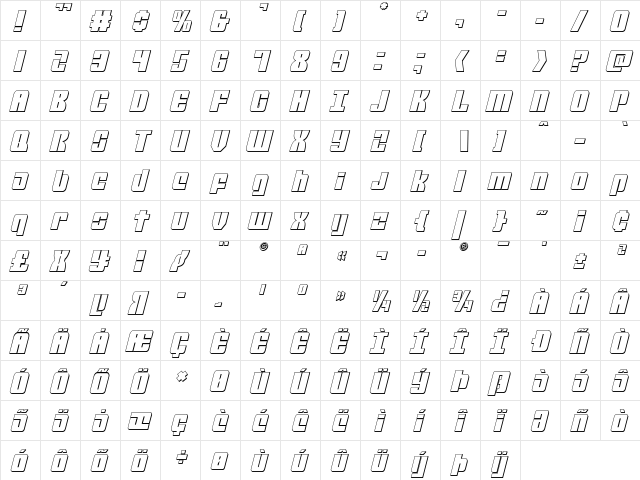 Mobile Infantry 3D Italic Italic  glyph index