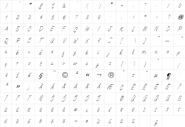 Signature Light Regular  glyph index