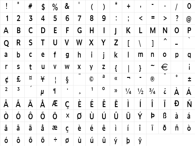 AdamsThin Normal  glyph index