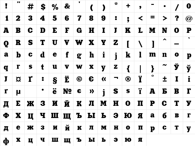 UkrainianXenia Bold  glyph index