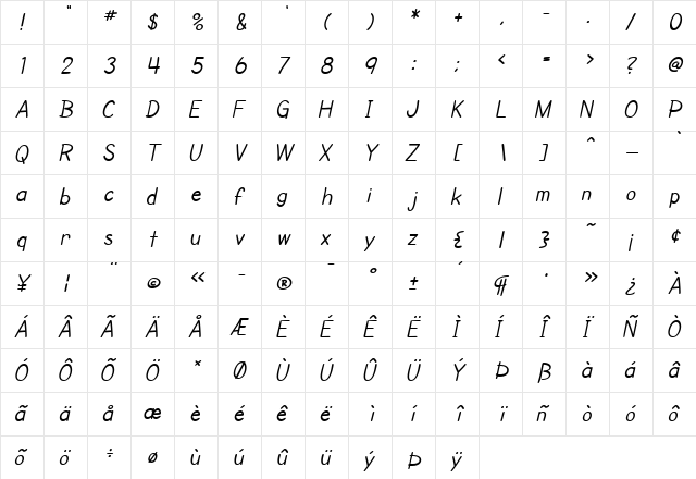 SF Cartoonist Hand Italic  glyph index