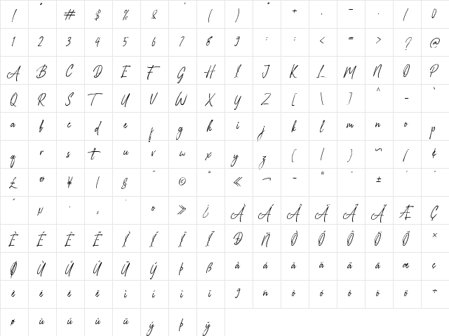 Glossy Night Regular  glyph index