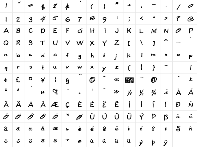 CoreysHand Bold  glyph index