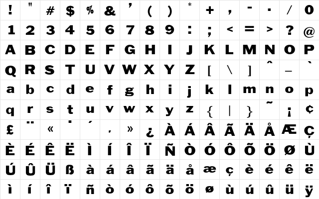 BenjaminGothicWide Regular  glyph index