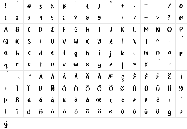 Quiky Regular  glyph index
