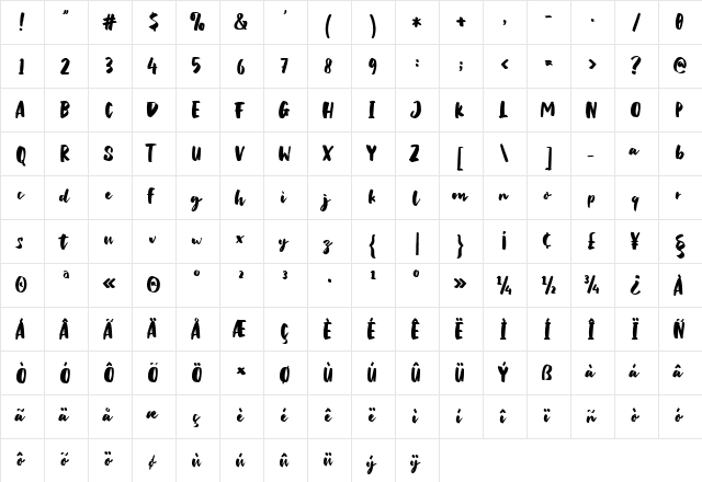Pretty Lily Regular  glyph index