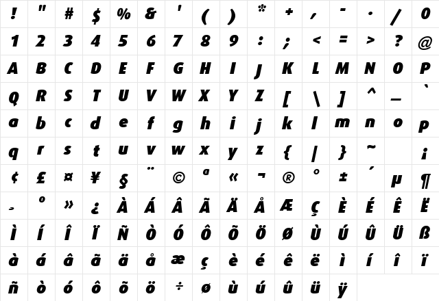 Dax-BlackItalic Regular  glyph index