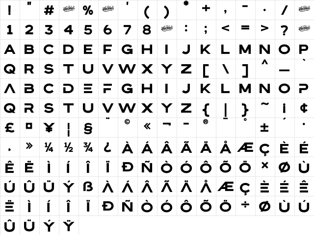 Bristone Regular  glyph index
