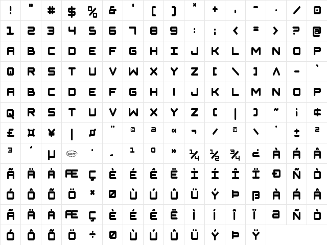 NGC 292 Condensed Regular  glyph index