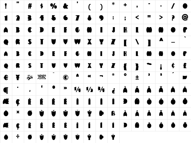 Flatiron NF Regular  glyph index
