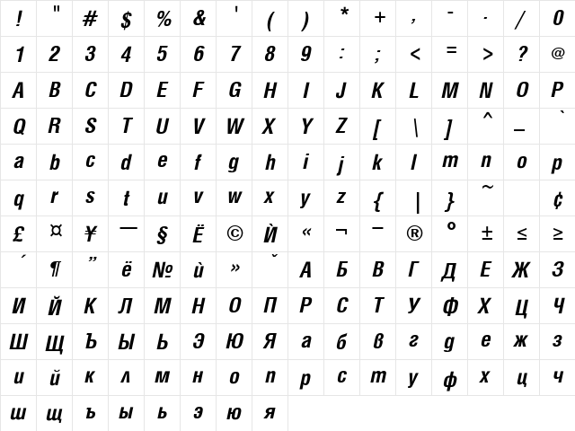 HebarCond Bold Italic  glyph index