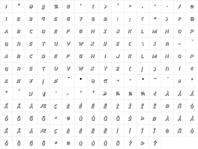 Inter-Bureau 3D Italic Italic  glyph index