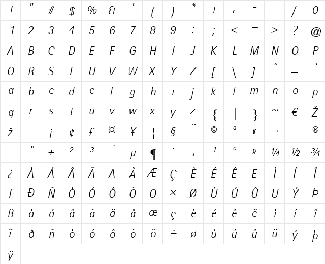 Agfa Rotis Sans Serif Light Italic  glyph index