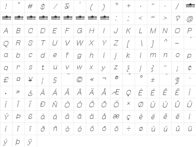 Stinger Fit Trial Thin Italic  glyph index