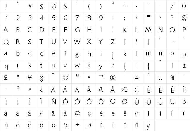 Saxony-Light Regular  glyph index