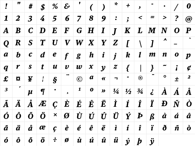 DB News TF Bold Italic  glyph index