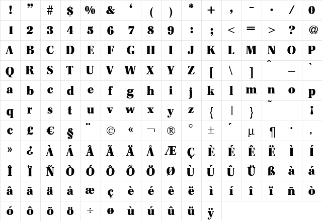 F820-Roman-Heavy Regular  glyph index