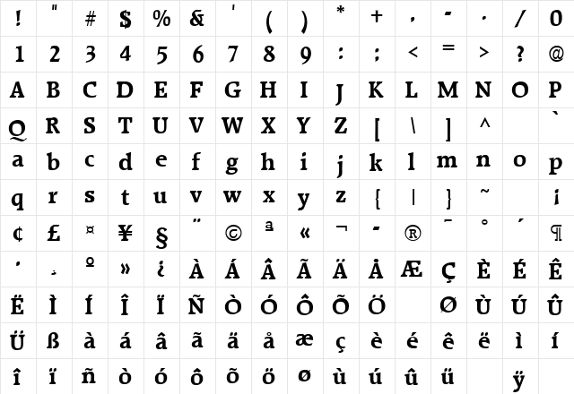 Raleigh Bold  glyph index