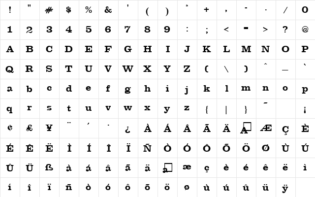 Clearbell Bold  glyph index