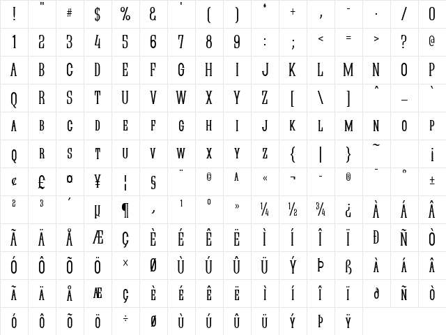 Quastic Kaps Narrow Regular  glyph index