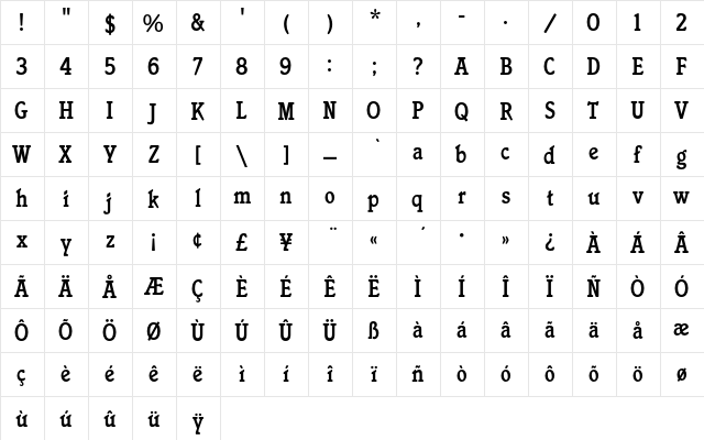 ItaliaEF-Condensed Regular  glyph index