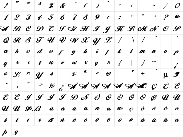 Hancock Bold  glyph index