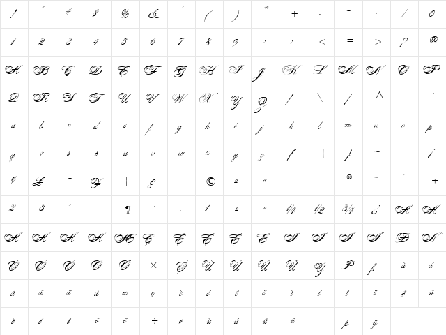 Alexandra Script Regular  glyph index