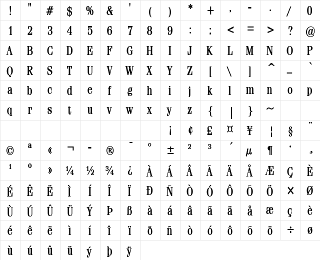 Feline-Condensed Bold  glyph index