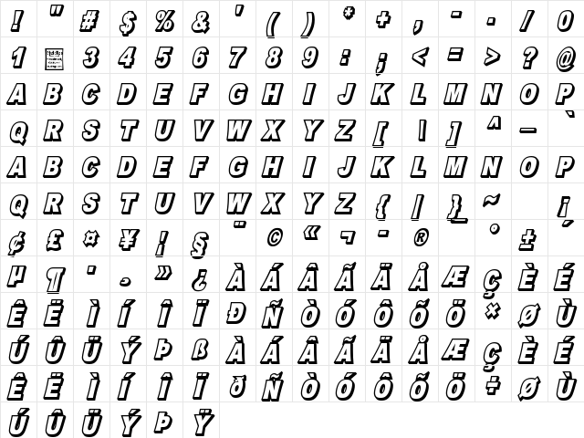 OMNIBLACK Outline Italic Regular  glyph index